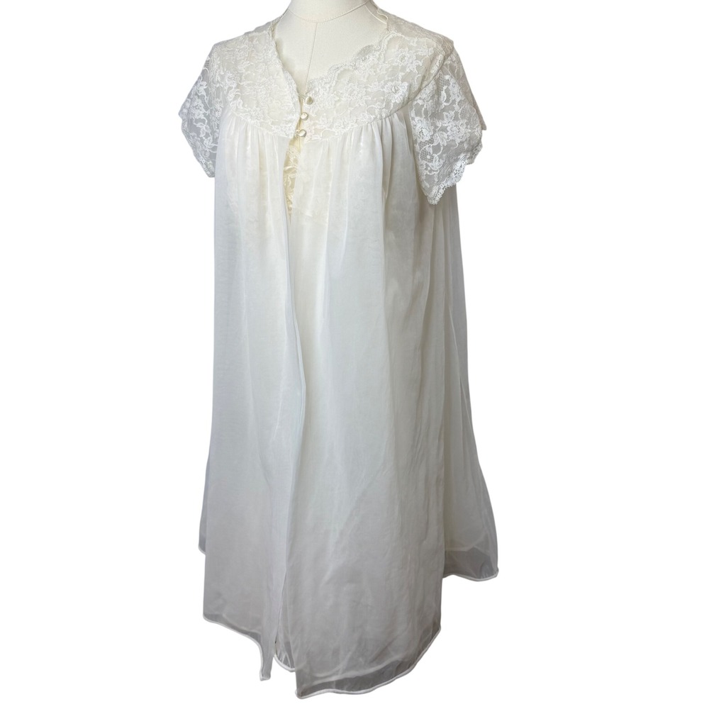 Vintage 1970s Warners Ivory Lace Sheer Nightgown and Robe Set Bridal Sleepwear
